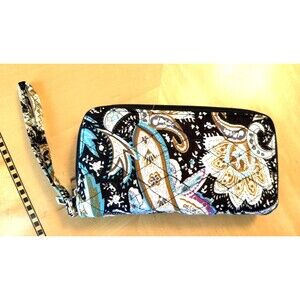 Vera Bradley Java Blue Floral Print Zip Around Wallet / Wristlet